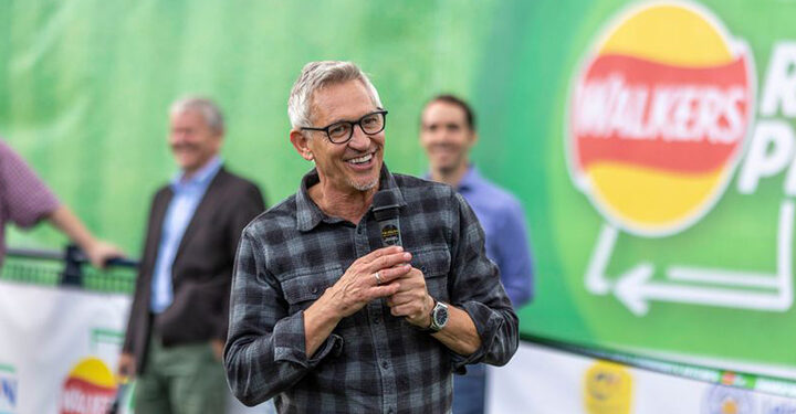 Gary Lineker opens football pitch made of recycled crisp packets