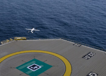 Electric drones soar above North Sea oil rigs